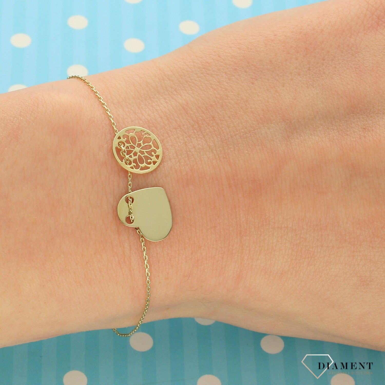 Złota bransoletka celebrytka 375 gładkie serce, ażurowe kółko DIA-BRA-74U27-B0010-Y-375.jpg