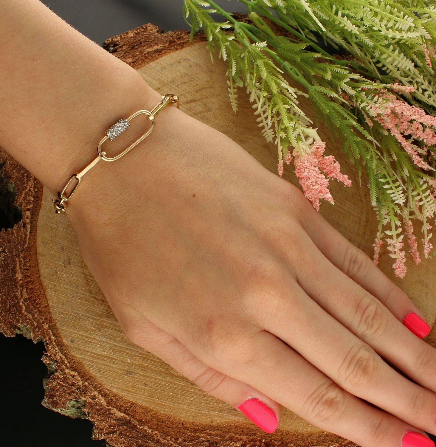 Złota bransoletka 585 spinaczowe ogniwka z cyrkonią DIA-BRA-7587-585 (1).jpg