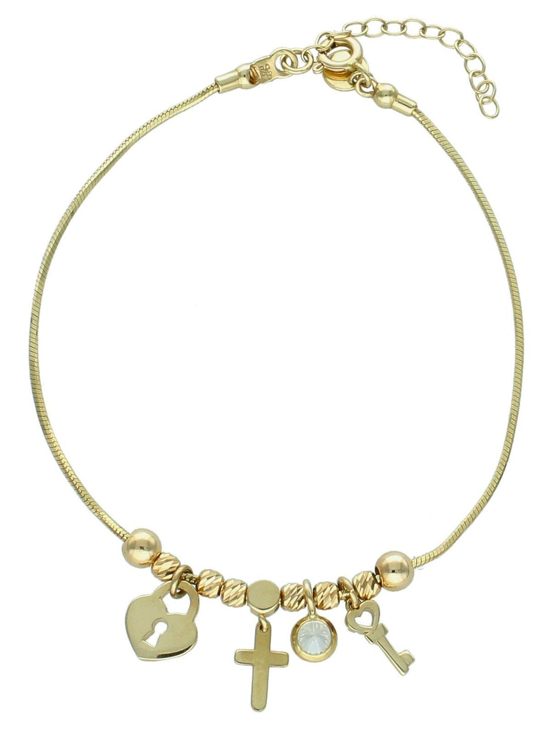 Złota bransoletka 585 z wiszącymi elementami . Złota bransoletka o niezwykle kobiecym wzorze, w którym bardzo delikatny splot łańcuszka ozdobiono elementami w kształcie kluczyka, krzyżyka, cyrkonii i serduszka.1.jpg