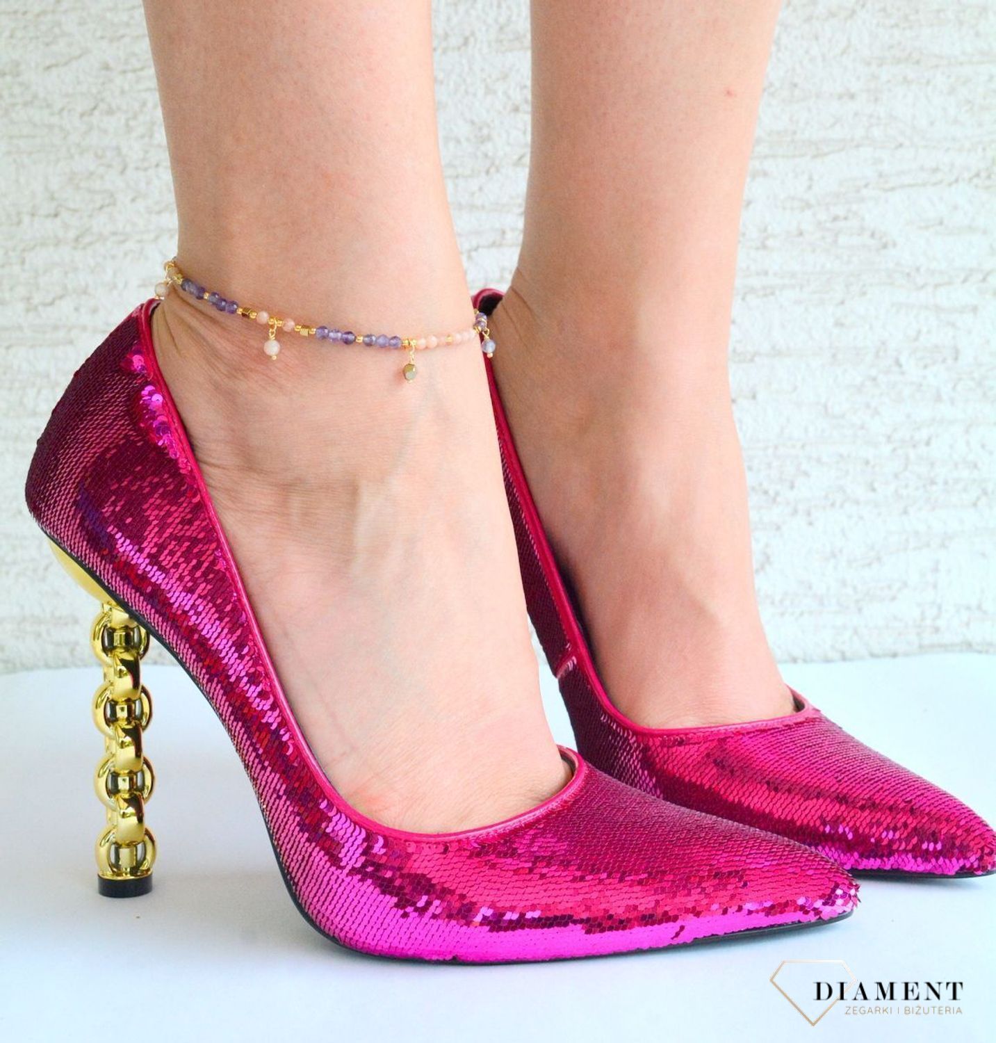 Srebrna bransoletka na kostkę Kamienie Naturalne Ametyst, Kamień słoneczny, Hematyt DIA-BRA-8007-925. Srebrna bransoletka na nogę. Bransoletka pozłacana na kostkę. Ozdoba na nogę. 1.jpg