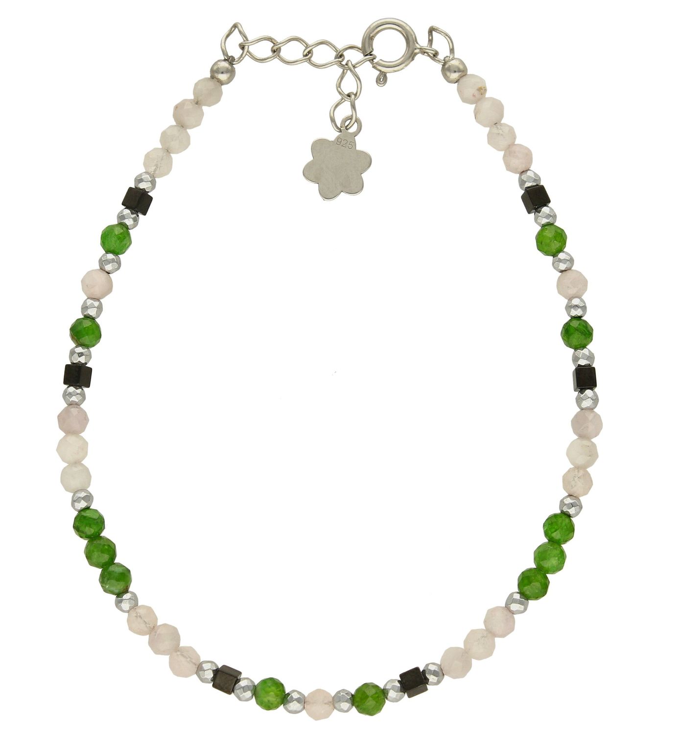 Bransoletka damska z hematytem,kunzytem i diopsydem DIA-BRA-8014-925. Zastosowane kamienie w kolorze białym i zielonym oprócz pięknego wyglądu posiadają szereg właściwości. Bransoletki z kamieniami naturalnymi od lat zachwyca (1).jpg