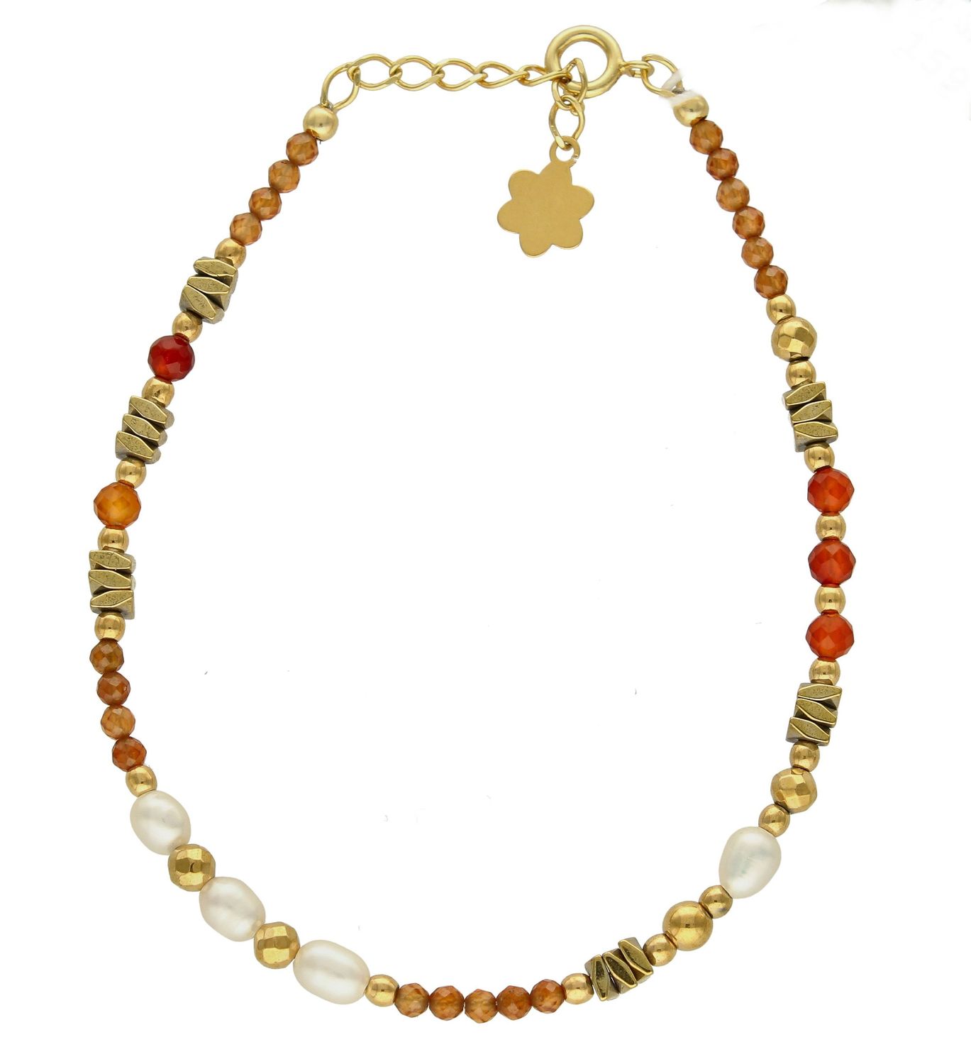 Bransoletka damska z perłę,agatem i hesonitem DIA-BRA-8025-925. Urocza bransoletka składająca się z drobnych kamieni naturalnych. Zastosowane kamienie w odcieniach złota i czerwieni oprócz pięknego wyglądu posiadają szereg wł (1).jpg