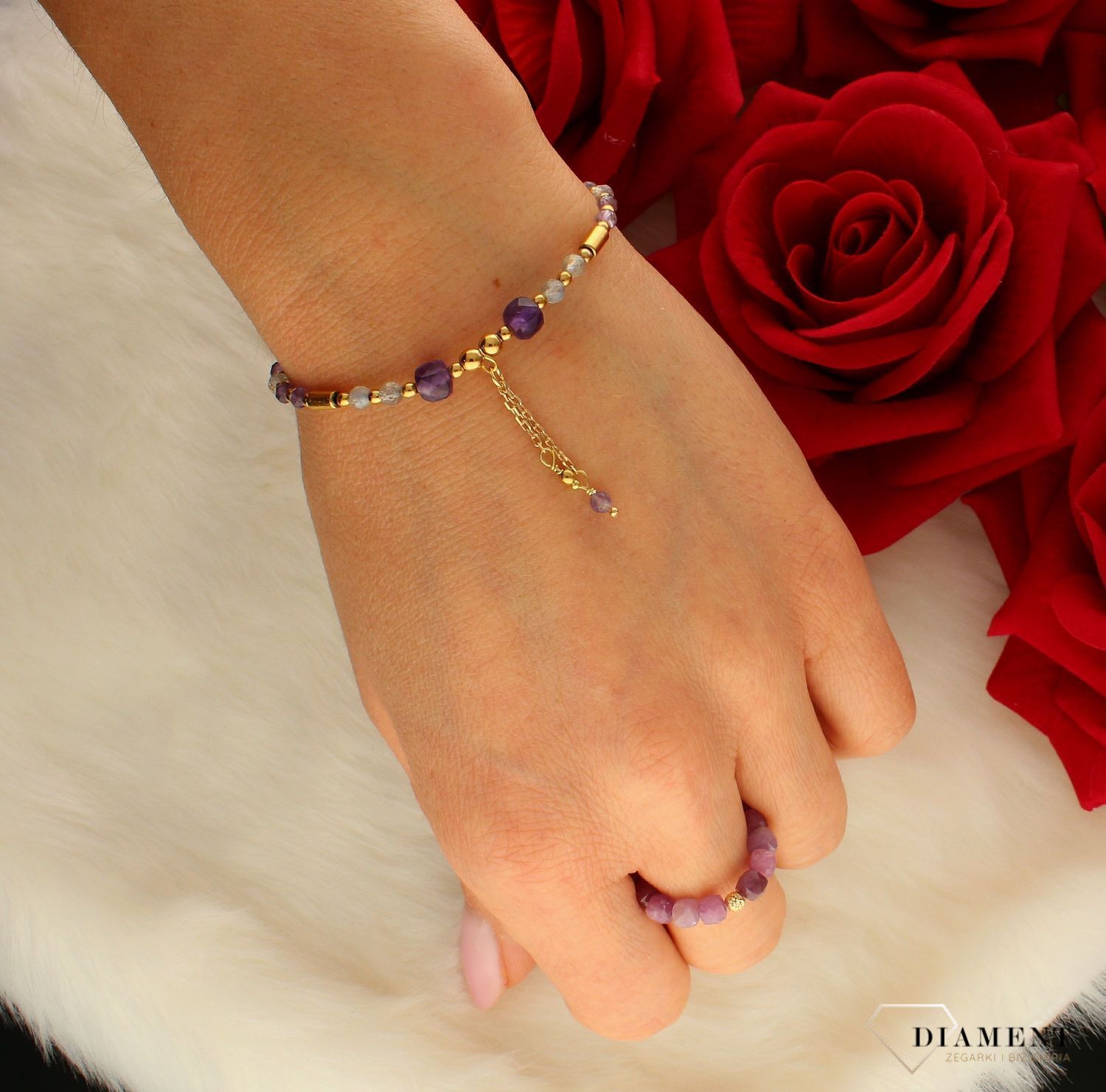 Bransoletka damska kamienie naturalne labradoryt, ametyst DIA-BRA-8064-925. Bransoletka z koralików. Na prezent. Kolorowa branso.jpg
