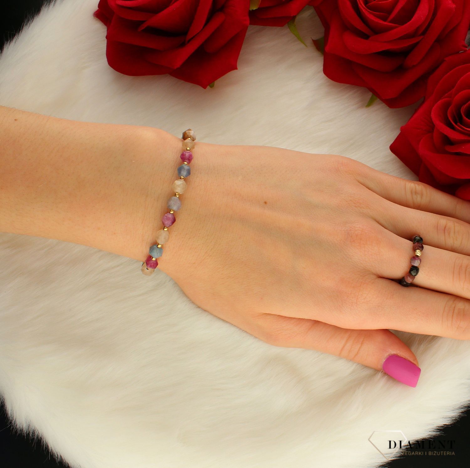 Bransoletka srebrna damska z turmalinem DIA-BRA-8067-925.Bransoletka srebrna damska z turmalinem. Urocza bransoletka składająca się z drobnych kamieni naturalnych. Zastosowane kamienie w odcieniach różu, zieleni i złota (2).jpg