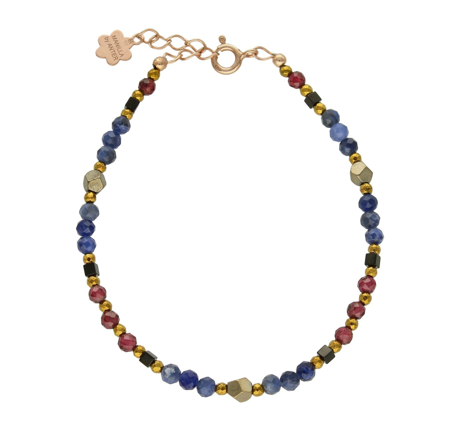 Bransoletka damska srebrna z kamieniami granat, hematyt, sodalit DIA-BRA-8117-925. Urocza bransoletka składająca się z drobnych kamieni naturalnych. Zastosowane kamieni w kolorze niebieskim oprócz pięknego wyglądu posiadają .jpg