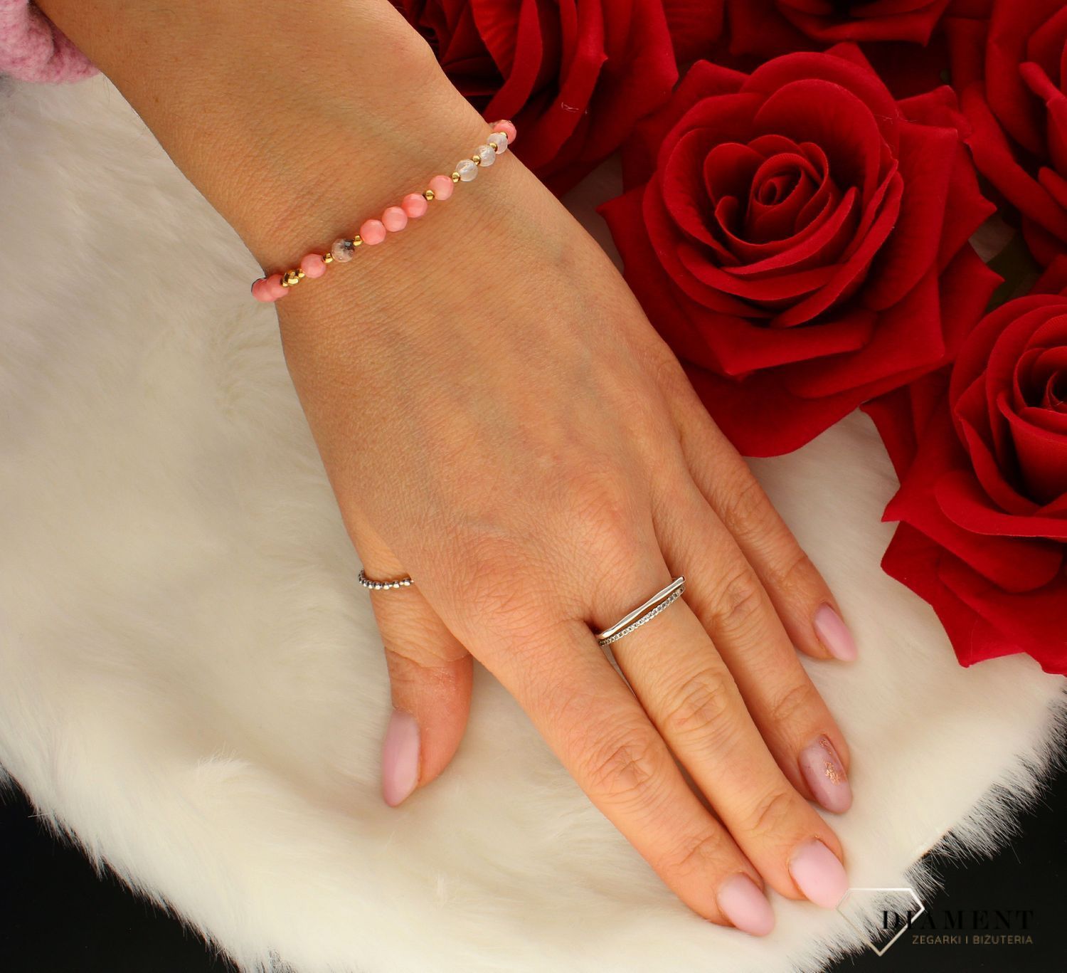 Bransoletka damska kamienie naturalne koral, kamień księżycowy, rodochrozyt DIA-BRA-8118-925. Bransoletka z koralików. Na prezen.jpg