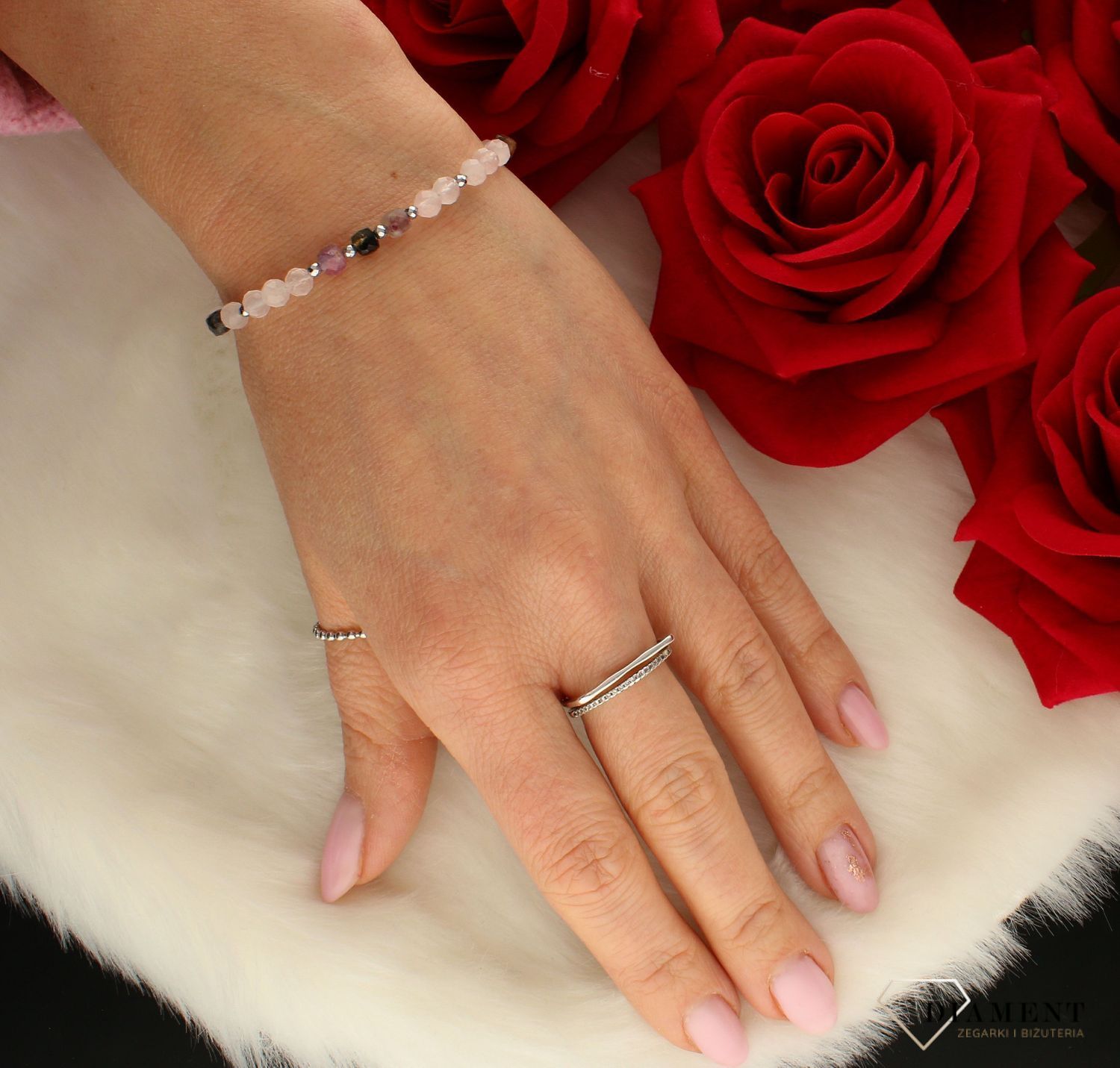 Bransoletka damska kamienie naturalne turmalin, perła, kwarc różowy DIA-BRA-8125-925. Bransoletka z koralików. Na prezent. Kol.jpg