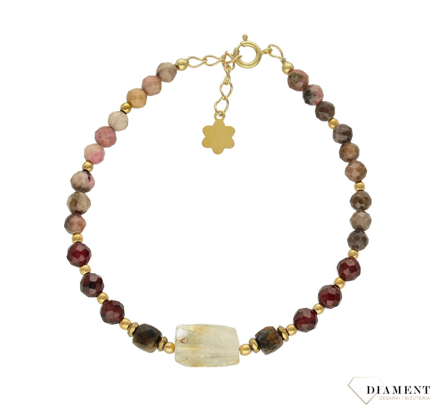 Bransoletka damska kamienie naturalne granat, cytryn, rodonit. Bransoletka z koralików, Kolorowa bransoletka. Na prezent. Biżu.jpg