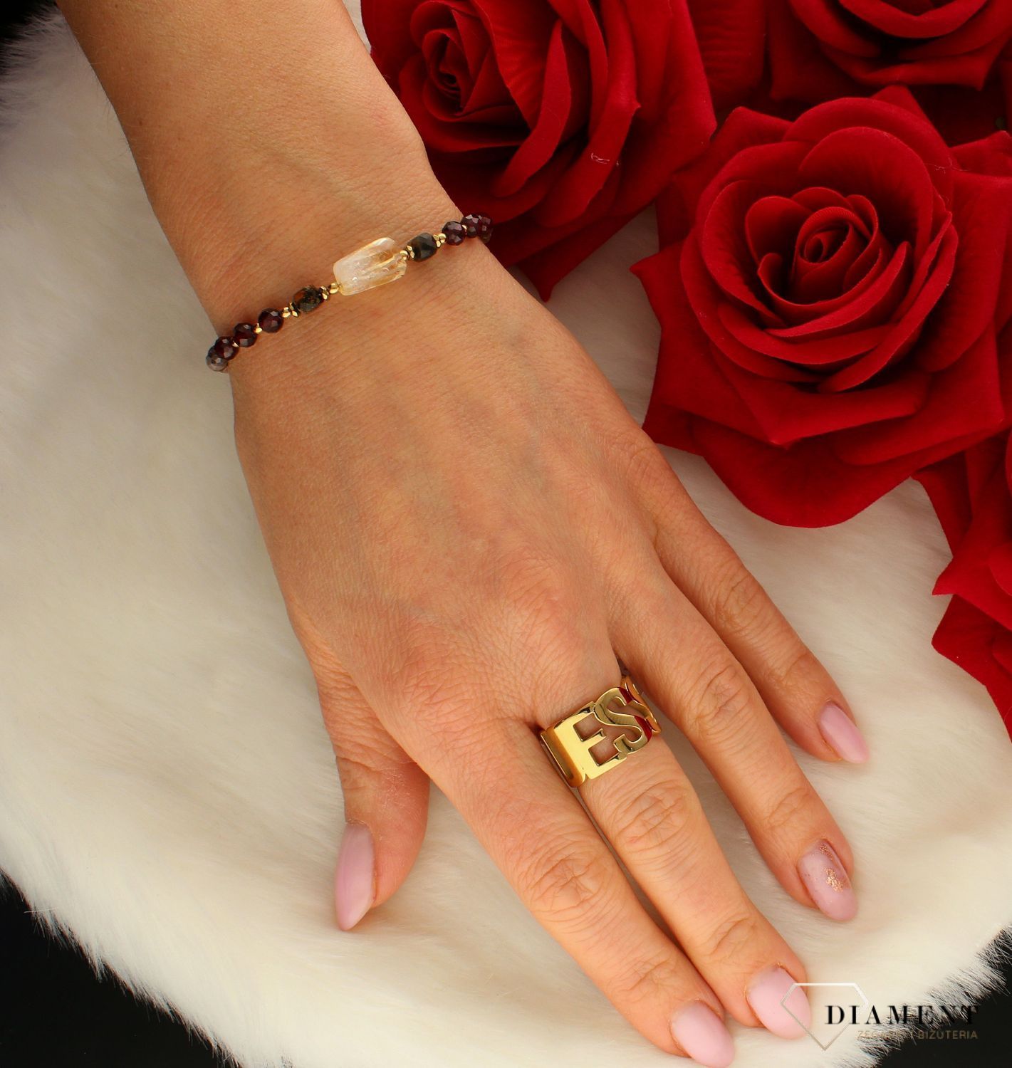 Bransoletka damska kamienie naturalne granat, cytryn, rodonit. Bransoletka z koralików, Kolorowa bransoletka. Na prezent. Biżu.jpg