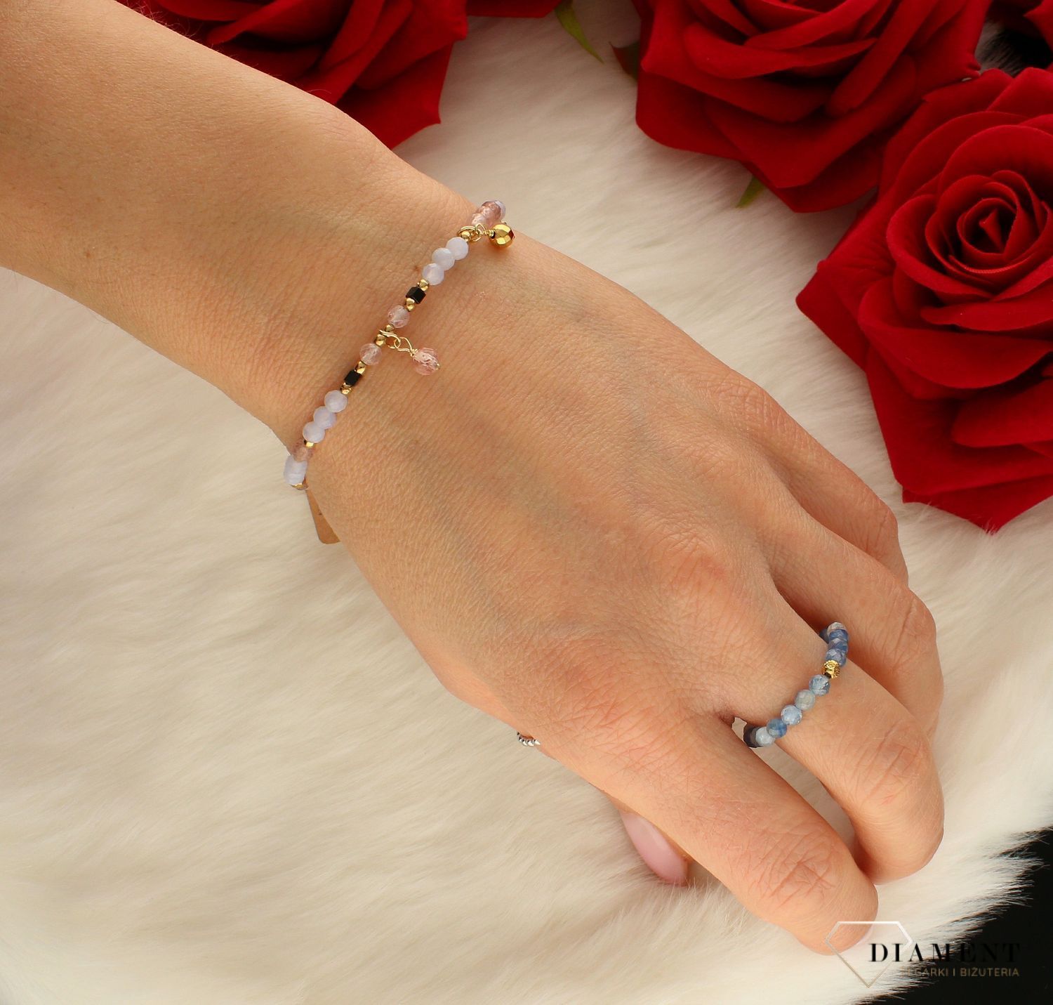 Bransoletka damska kamienie naturalne kwarc truskawkowy, chalcedon DIA-BRA-8132-925. damska modna bransoletka. Bransoletka influ.jpg