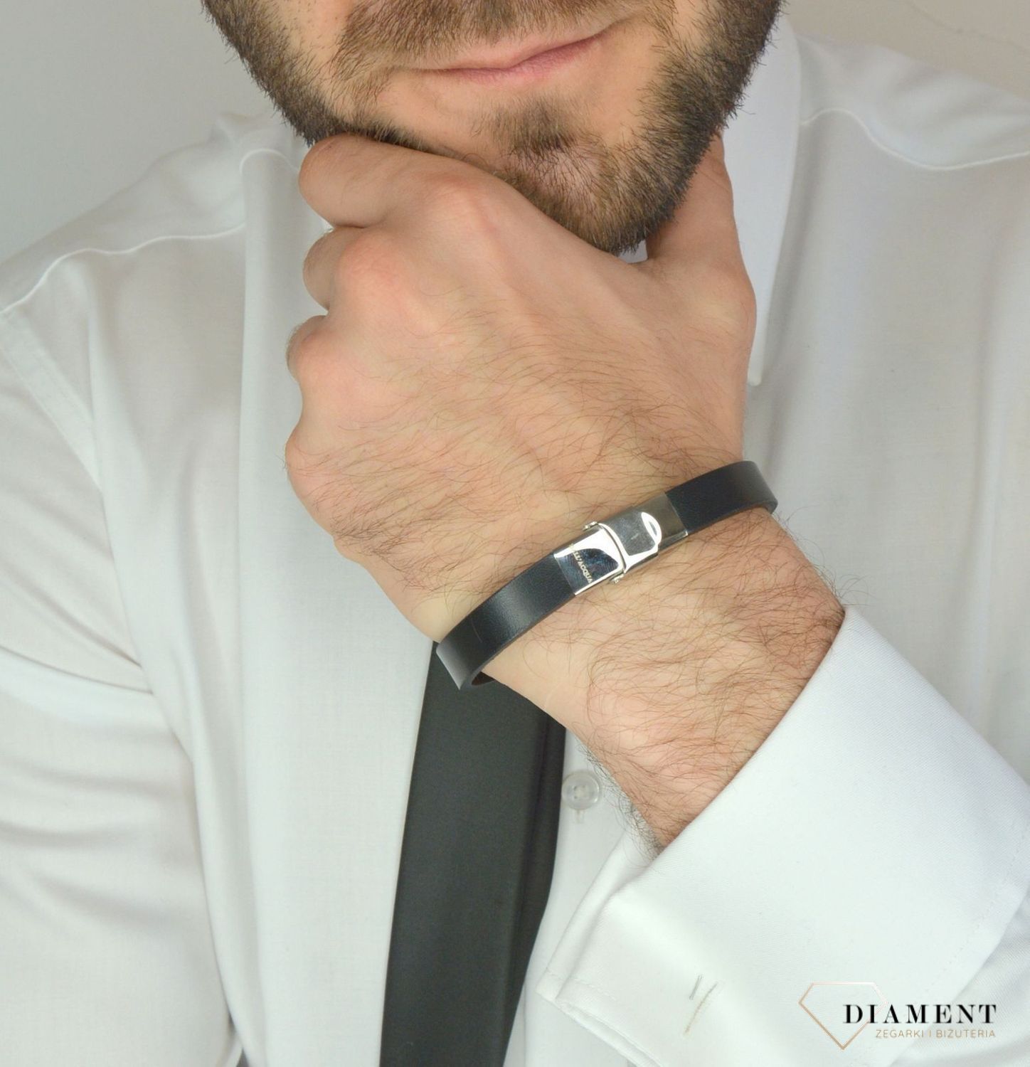 Bransoletka męska czarna skóra z blaszką do graweru DIA-BRA-8336-STAL.jpg