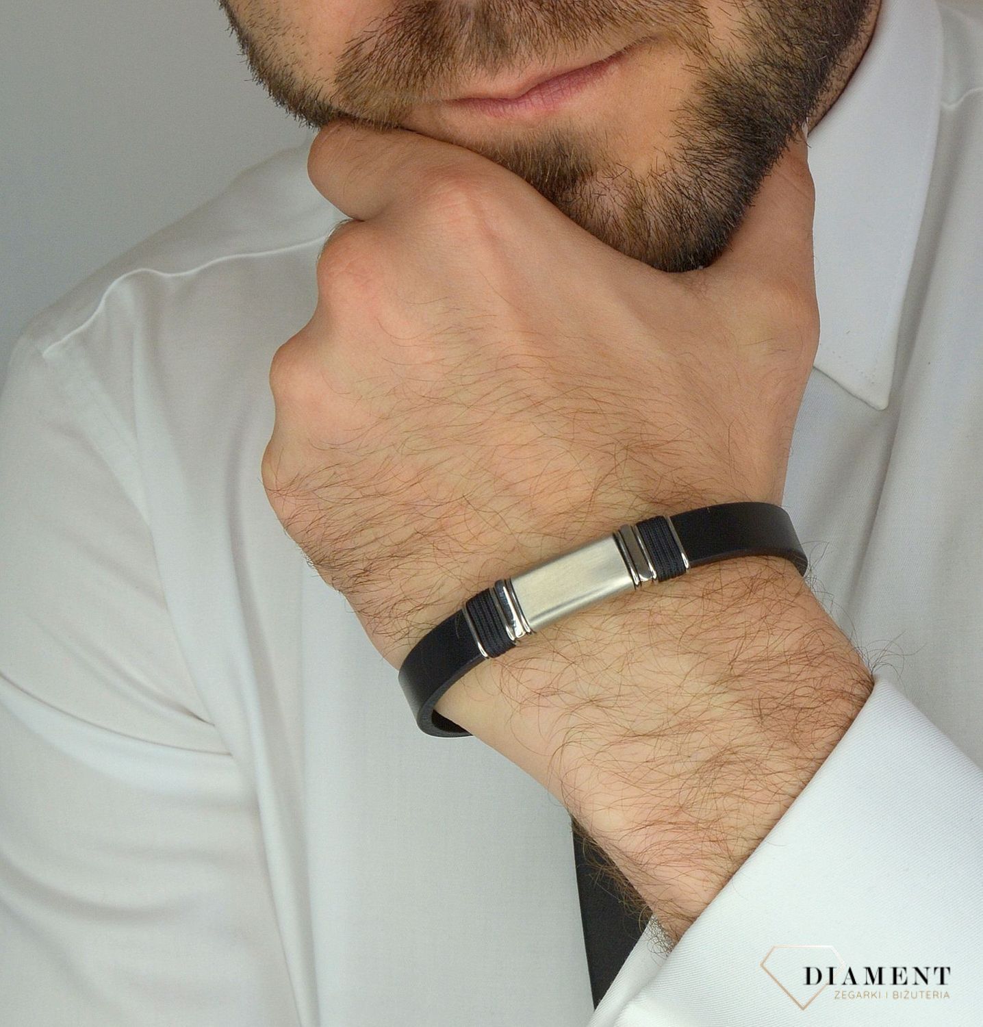 Bransoletka męska czarna skóra z blaszką do graweru DIA-BRA-8336-STAL.jpg