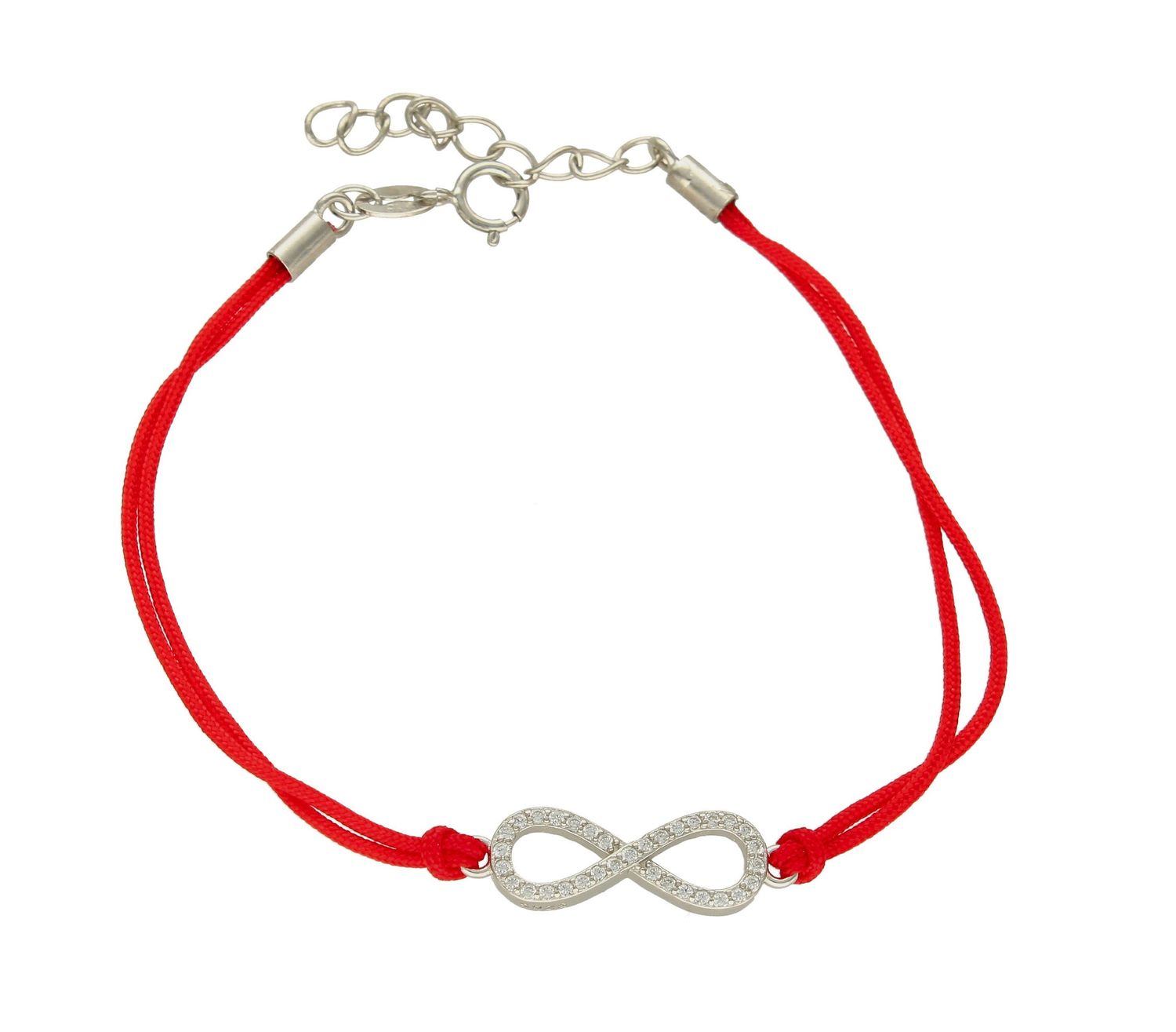 Bransoletka srebrna na czerwonym sznureczku znak nieskończoności z cyrkoniami DIA-BRA-83369RED-925. Biżuteria wykonana z najwyższej jakości srebra próby 925. Modny motyw znaku nieskończoności to doskonały dodatek do każdej s.jpg