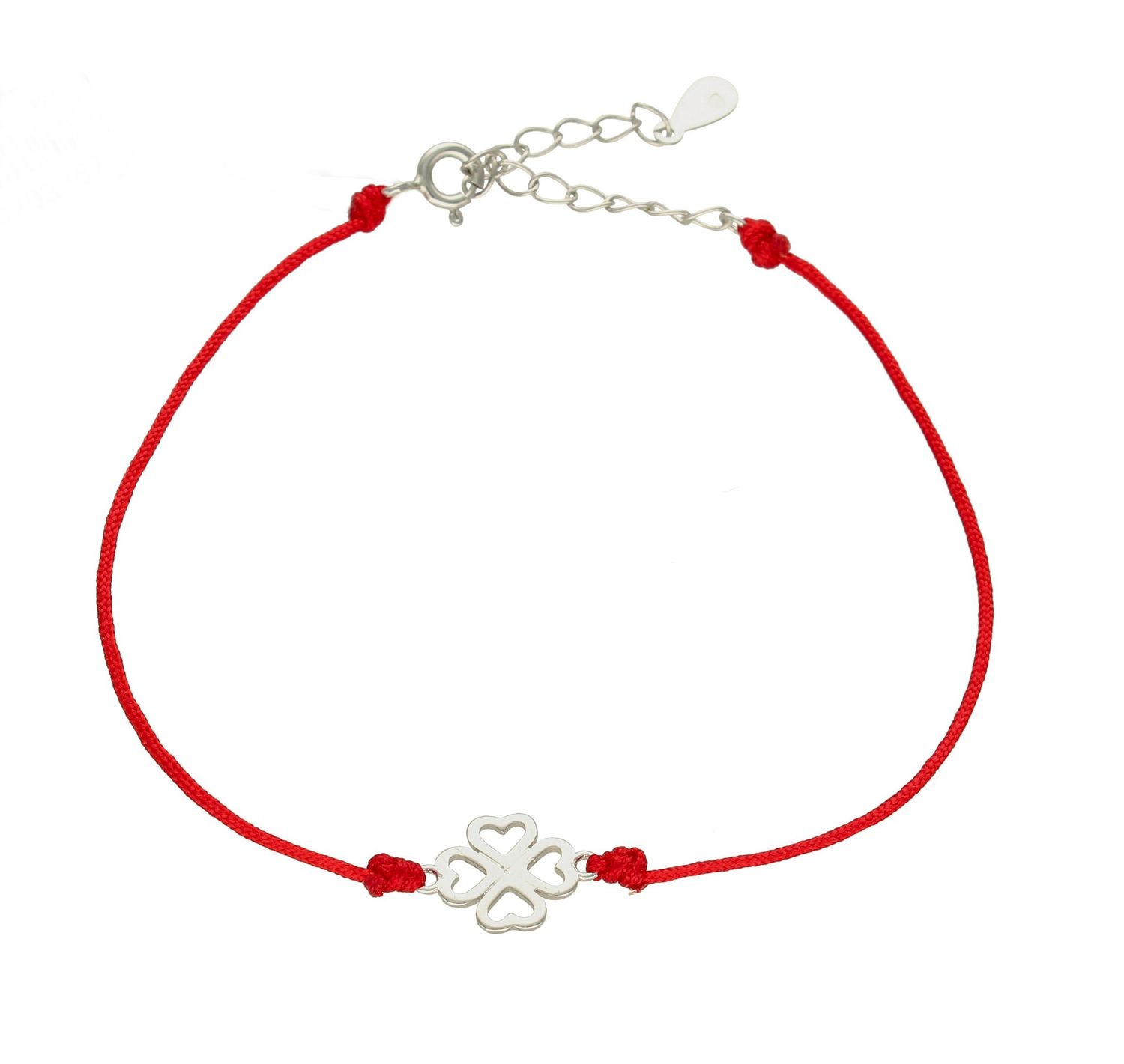 Bransoletka damska na czerwonym sznureczku z koniczynką DIA-BRA-8547-925. Biżuteria wykonana z najwyższej jakości srebra próby 925. Modny motyw koniczynki to doskonały d (1).jpg