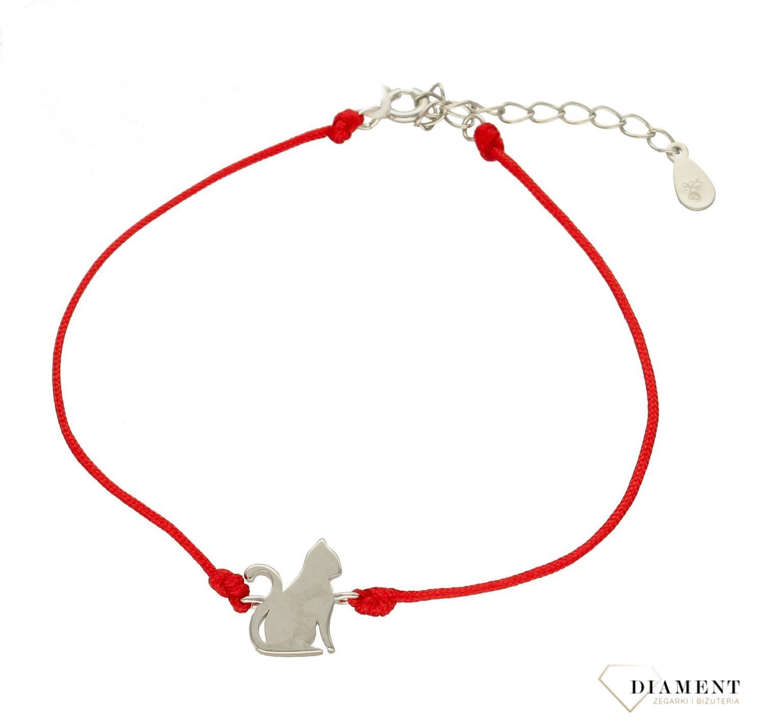 Bransoletka srebrna Kotek na czerwonym sznureczku 925 DIA-BRA-8548-925. Bransoletka z kotem na prezent. Srebrna biżuteria dla kobiety. Czerwona bransoletka na szczęście..jpg