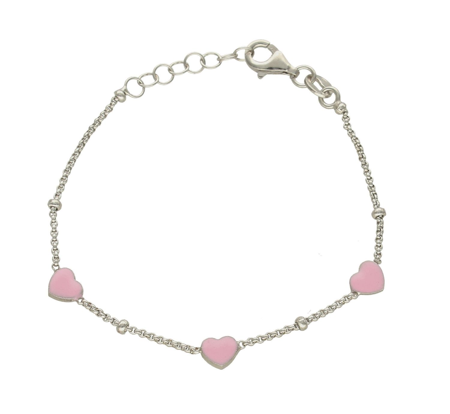 Srebrna bransoletka damska różowe serduszka DIA-BRA-8549-925.  Niesamowita bransoletka wykonana z najwyższej próby srebra z subtelnym elementem trzech różowych serdusze.jpg