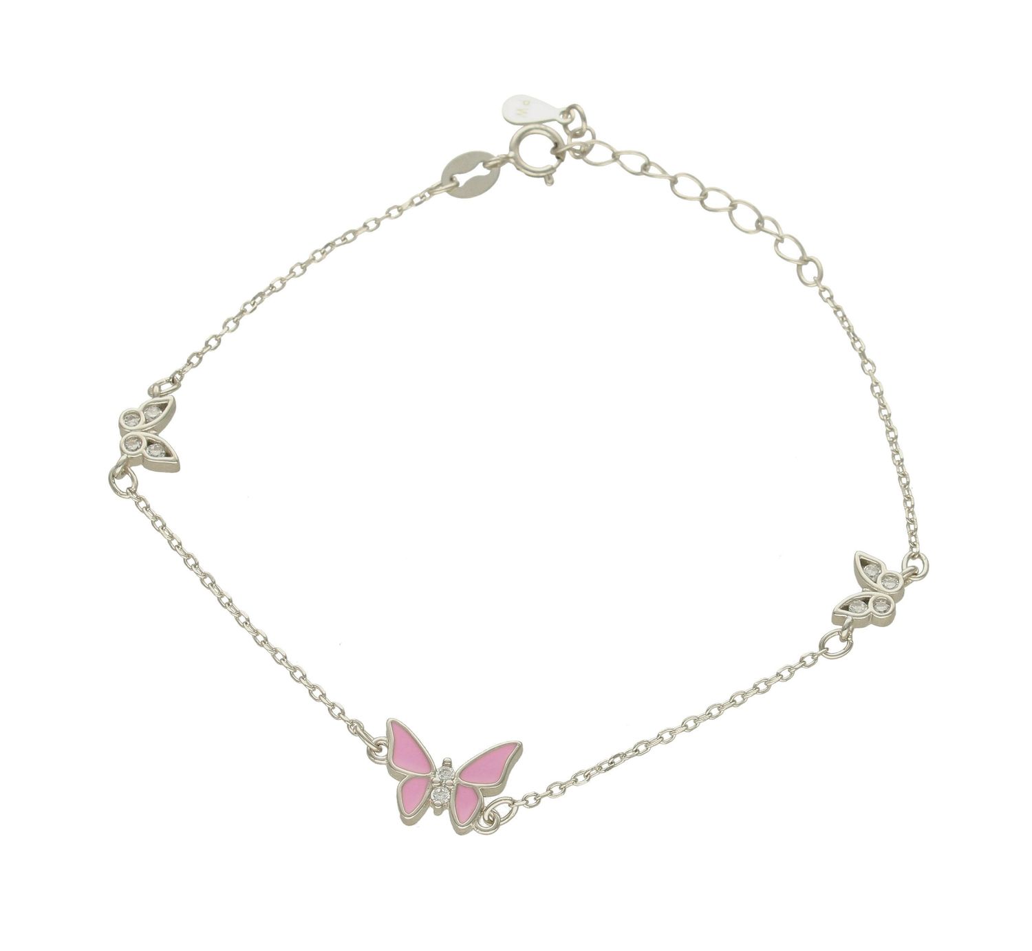 Srebrna bransoletka motylki z różową emalią DIA-BRA-8551-925. Niesamowita bransoletka wykonana z najwyższej próby srebra z subtelnym elementami motylków i cyrkonii.  (2).jpg