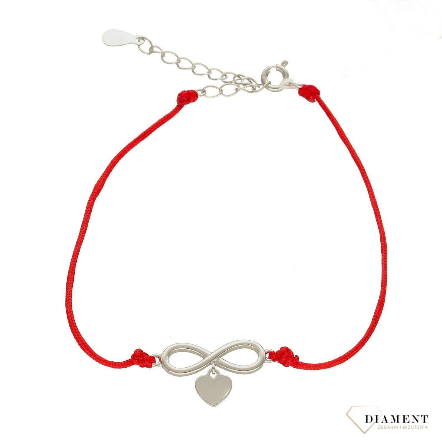 Bransoletka damska nieskończoność z sercem na czerwonym sznureczku srebrna 925 DIA-BRA-8563-925. Na prezent. Bransoletka z sercem. Damska biżuteria srebrna..jpg