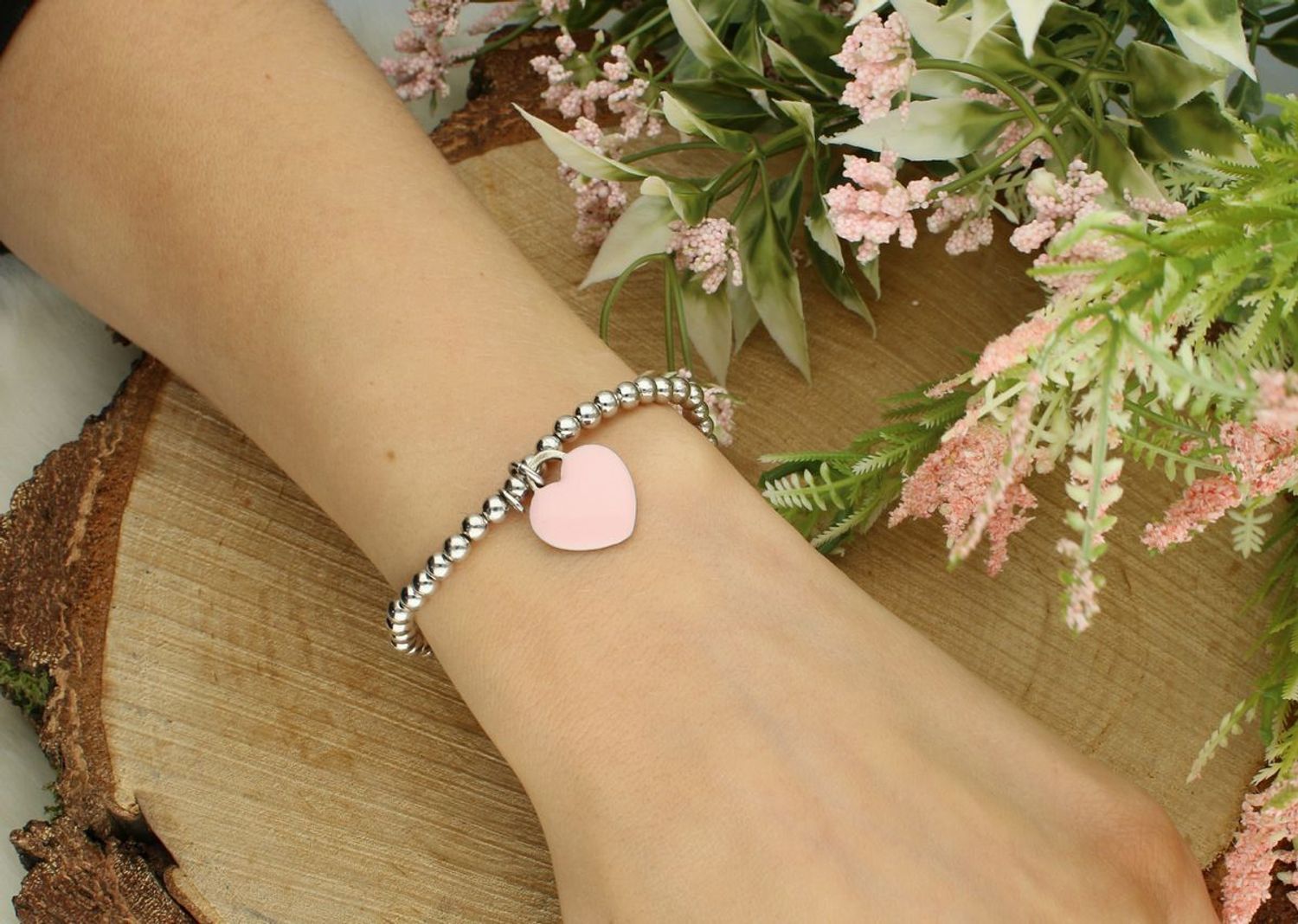 Srebrna bransoletka z kuleczkami i różowym sercem – elastyczna, srebro 925, na nadgarstek do 17 cm.jpg