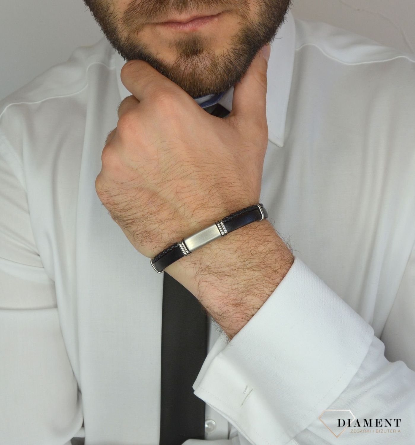 Bransoletka męska skórzana dwa paski z blaszką do graweru DIA-BRA-8618-STAL.jpg