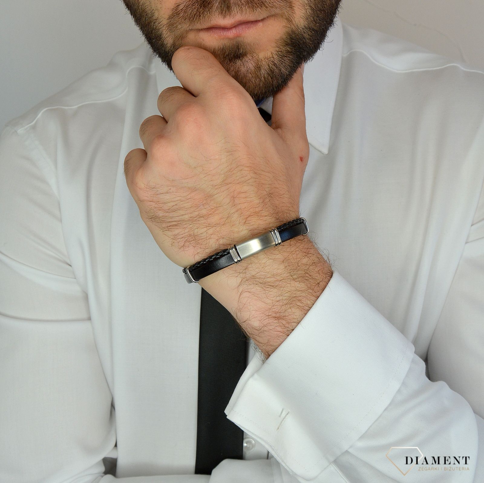 Bransoletka męska skórzana dwa paski z blaszką do graweru DIA-BRA-8618-STAL.jpg