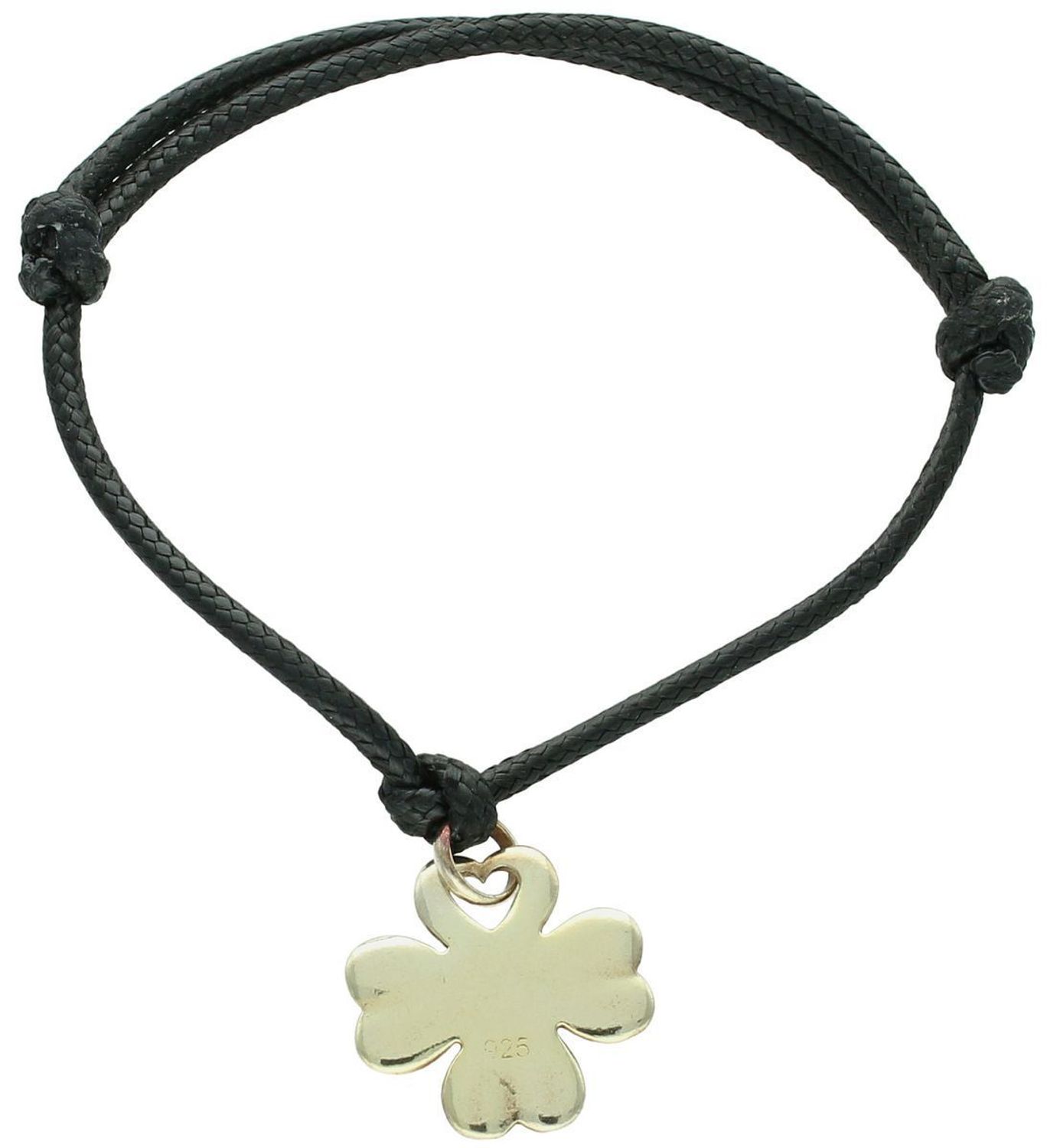 Bransoletka na czarnym sznureczku z pozłacaną koniczynką 2 cm i srebrem próby 925. Regulowana długość dzięki ściąganemu zapięciu. Elegancja i symbolika.1.jpg