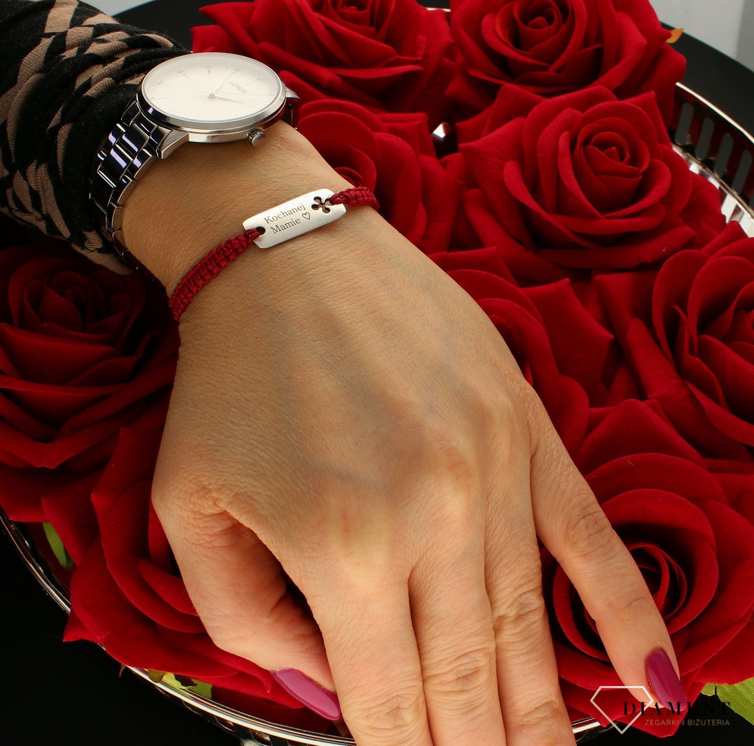 Bransoletka damska srebrna, czerwony rzemyk ''Kochanej mamie'' Prezent na Dzień Mamy DIA-BRA-8851-92 (1).jpg