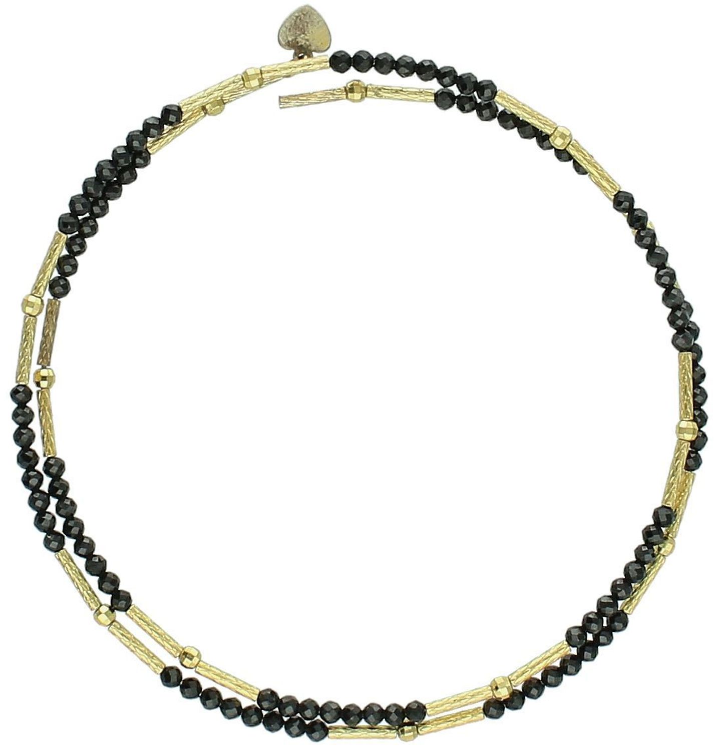 Srebrna sztywna bransoletka damska z czarnymi kuleczkami i pozłacanymi elementami – serduszko, srebro 925.jpg