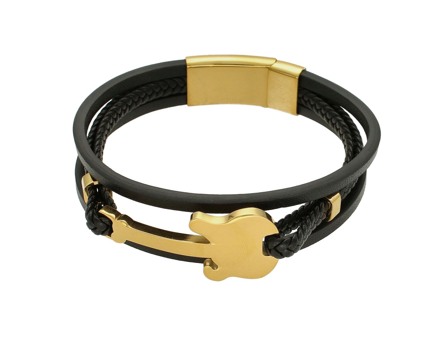 Bransoletka męska skórzana ze stalową gitarą w kolorze złotym DIA-BRA-8962Z-STAL. Bransoletka męska skórzana ze stalową gitarą w kolorze złotym. Bransoletka składa się z czterech pasków skórzanych, w czym dwa są plecionką. .jpg