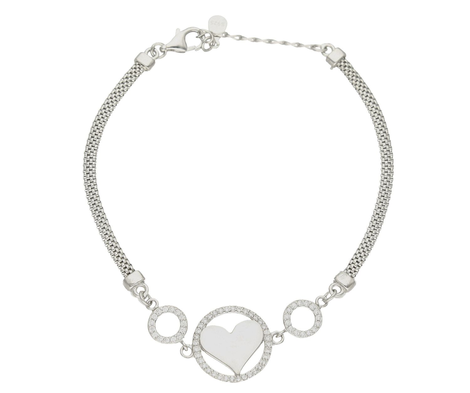 Bransoletka srebrna damska serce w cyrkoniach DIA-BRA-9096-925. Delikatna bransoletka wykonana z najwyższej próby srebra 925 o łańcuszku typu żmijka z serduszkiem umieszczonym w kółeczku i wypełnionym cyrkoniami. Idealny pomys (1).jpg