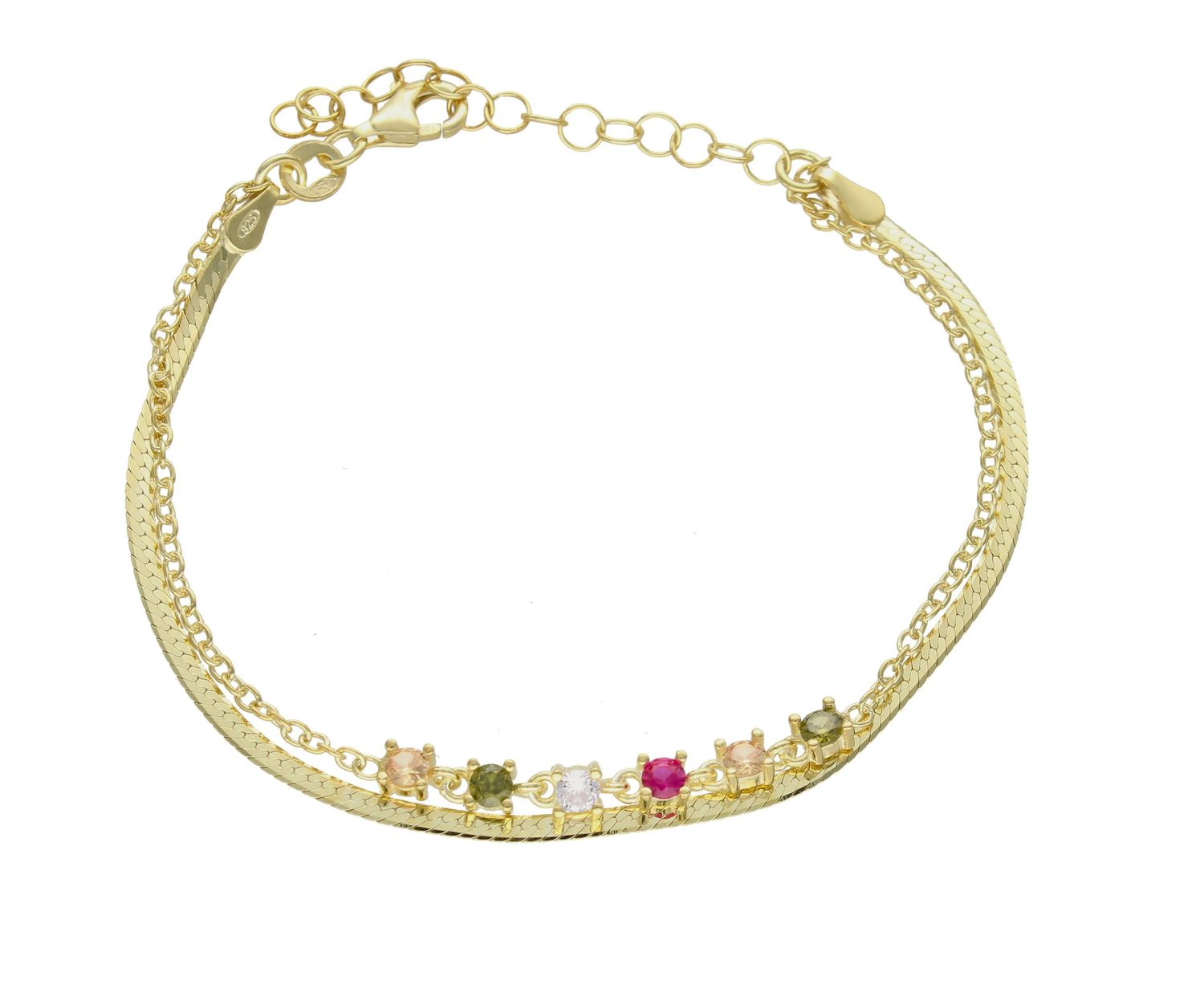 Bransoletka srebrna damska na podwójnym łańcuszku z kolorowymi cyrkoniami DIA-BRA-9102-925.  Delikatna bransoletka wykonana z najwyższej próby srebra 925 o modnym klasycznym splocie oraz drugim w formie żmijki. Bransoletka o.jpg