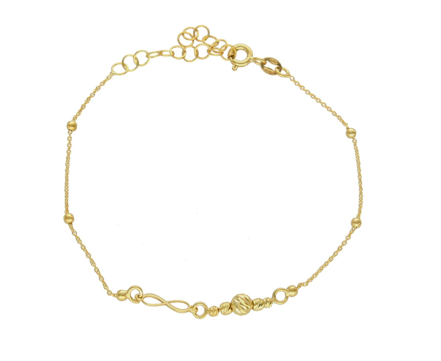 Bransoletka srebrna pokryta złotem z kuleczkami DIA-BRA-9106-925. Delikatna bransoletka wykonana z najwyższej próby srebra 925 o modnym splocie ankier i kuleczkami oraz zawieszką znak nieskończoności. Bransoletka srebrna pokry (1).jpg