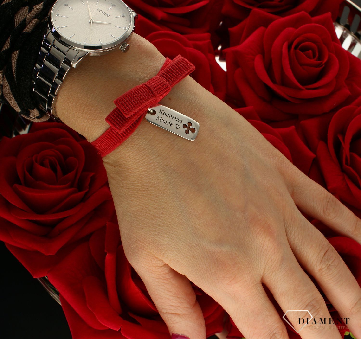 Bransoletka damska srebrna, czerwona wstążka ''Kochanej mamie'' Prezent na Dzień Ma DIA-BRA-9366-925 (2).jpg