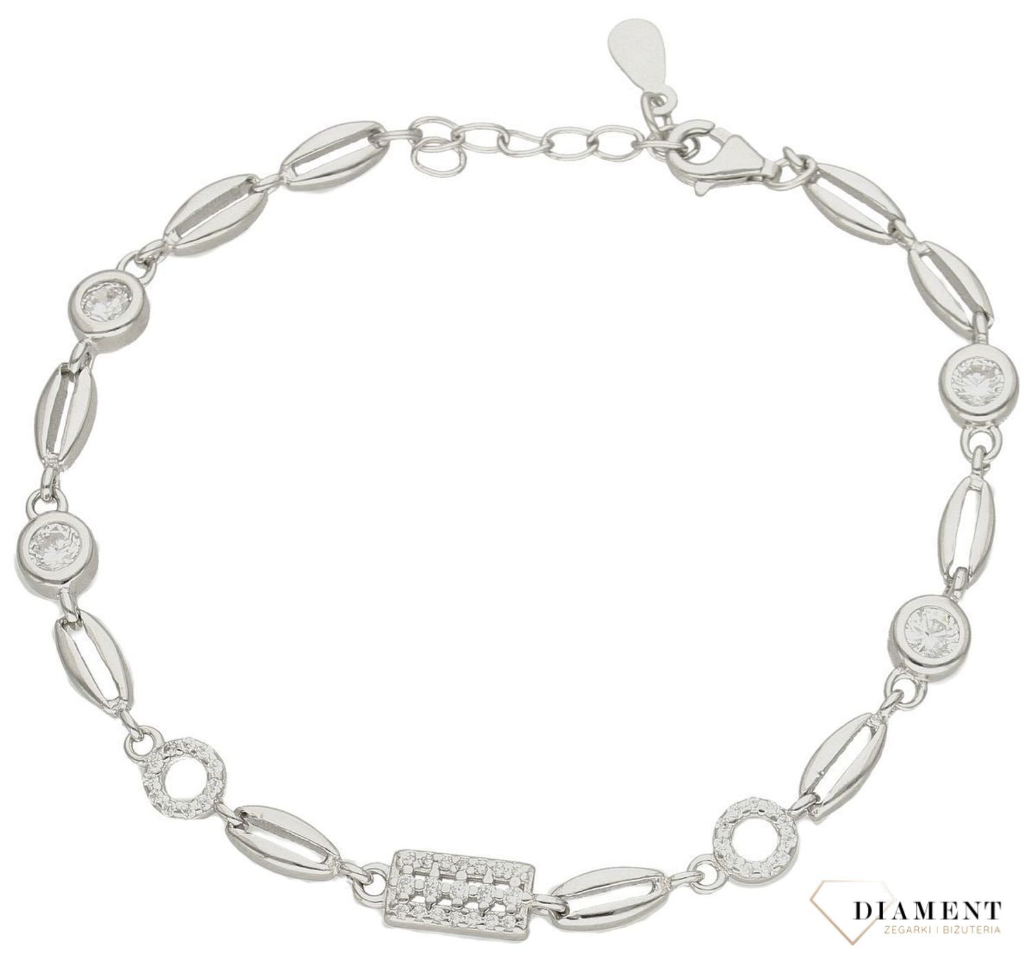 Srebrna bransoletka damska wysadzana białymi kamieniami Miłosne upięcie DIA-BRA-9653-925s.jpg