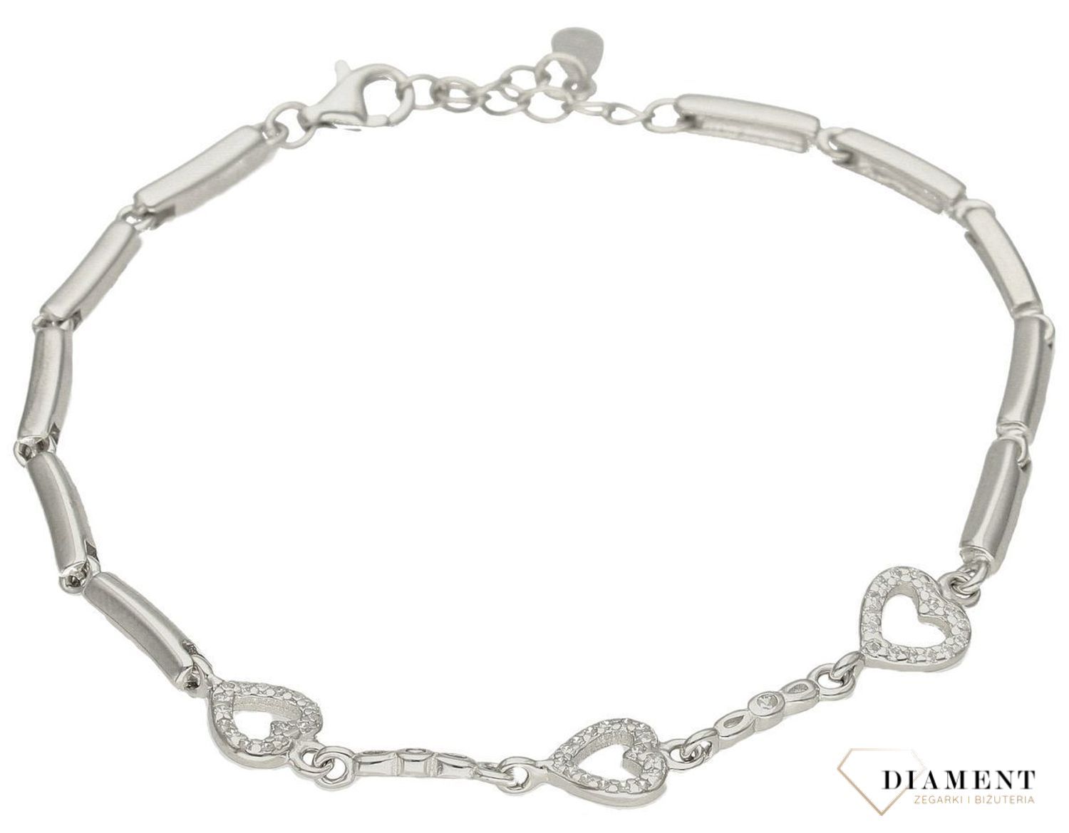 Srebrna bransoletka damska z podłużnych gładkich elementów oraz serduszek w cyrkoniach DIA-BRA-9654dd.jpg