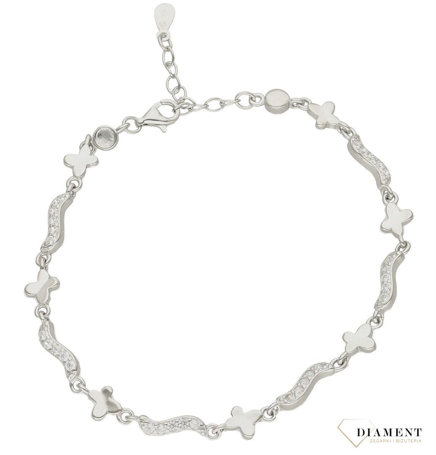 Srebrna bransoletka damska z motylkami i wygiętymi elementami DIA-BRA-9659-925cv.jpg