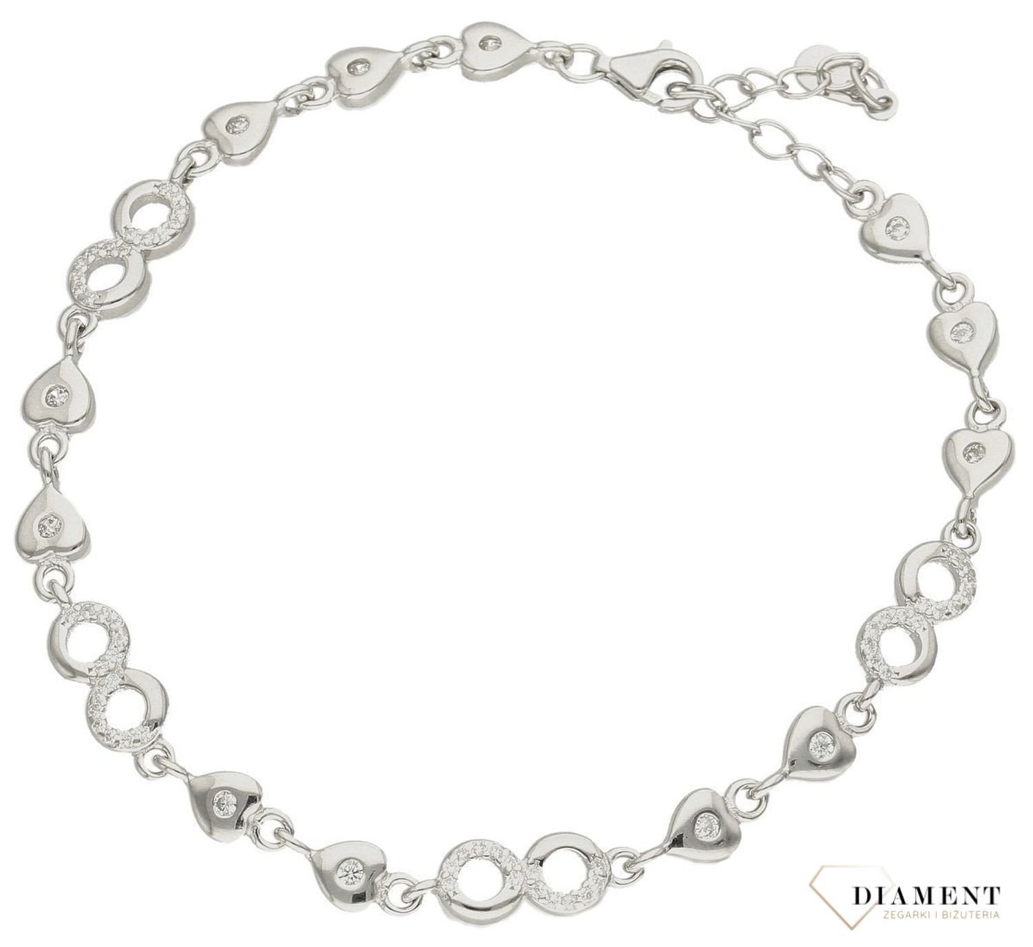 Srebrna bransoletka damska okrągłe elementy serca z cyrkoniami DIA-BRA-9669-925ds.jpg