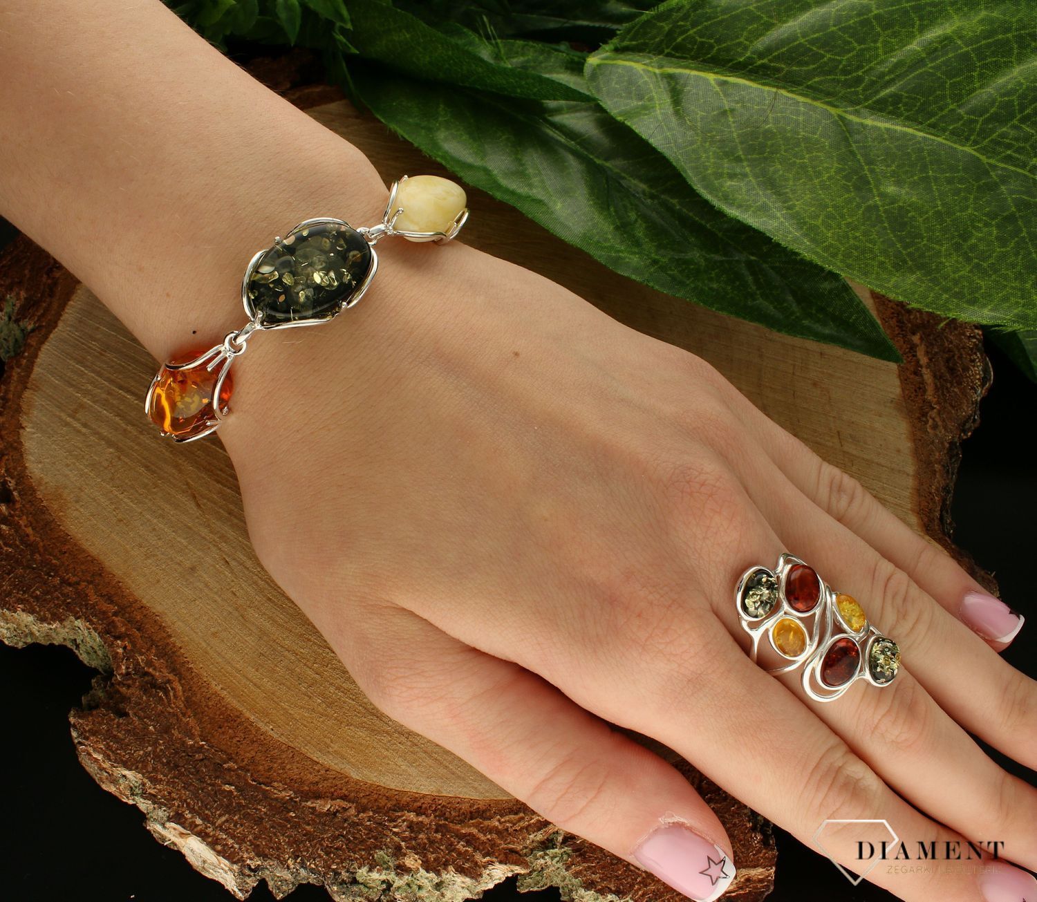 Srebrna bransoletka damska 925 z wielobarwnym bursztynem bałtyckim DIA-BRA-9853-925. Srebrna bransoletka damska z kamieniami. Srebrna bransoletka damska z bursztynem. Srebrna bransoletka idealna na prezent dla kobiety (1).jpg