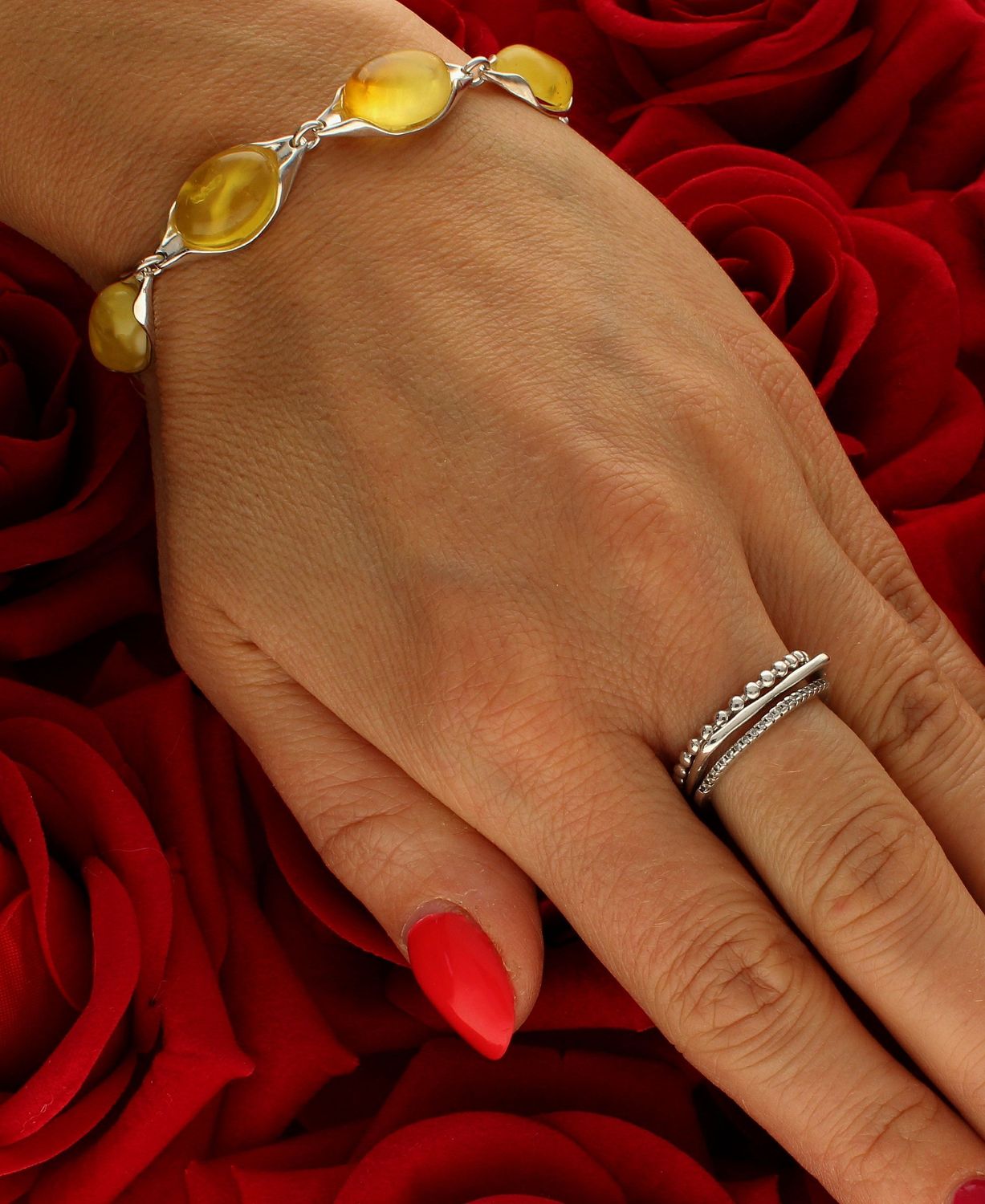 Srebrna bransoletka damska 925 z mlecznym bursztynem bałtyckim DIA-BRA-9957-925. Srebrna bransoletka damska z kamieniami (2).jpg