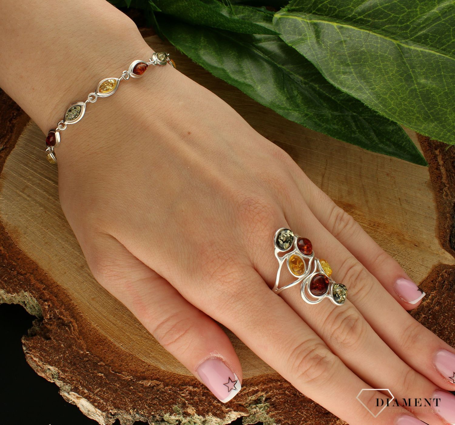 Srebrna bransoletka damska łezki z wielobarwnym bursztynem bałtyckim DIA-BRA-9960-925. Srebrna bransoletka damska idealna na pre.jpg