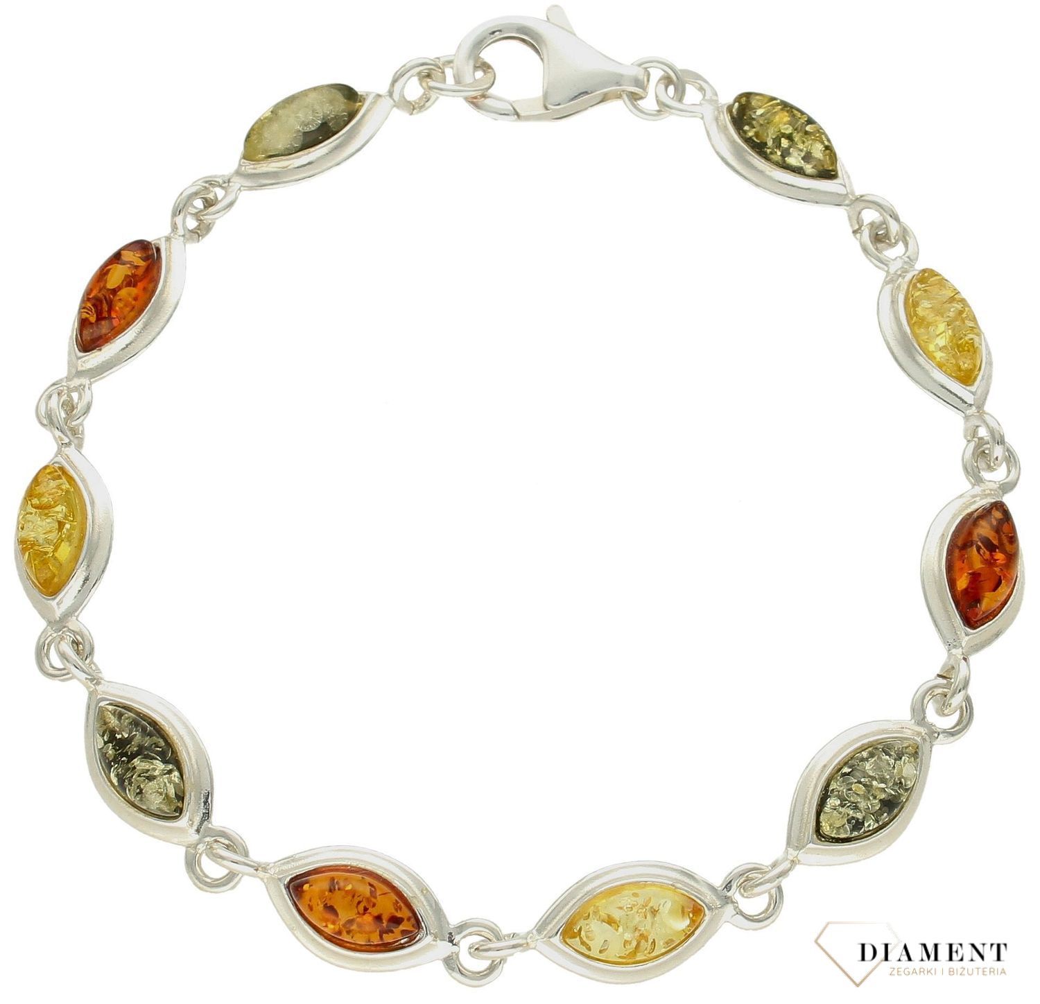 Srebrna bransoletka damska łezki z wielobarwnym bursztynem bałtyckim DIA-BRA-9960-925. Srebrna bransoletka damska idealna na pre.jpg