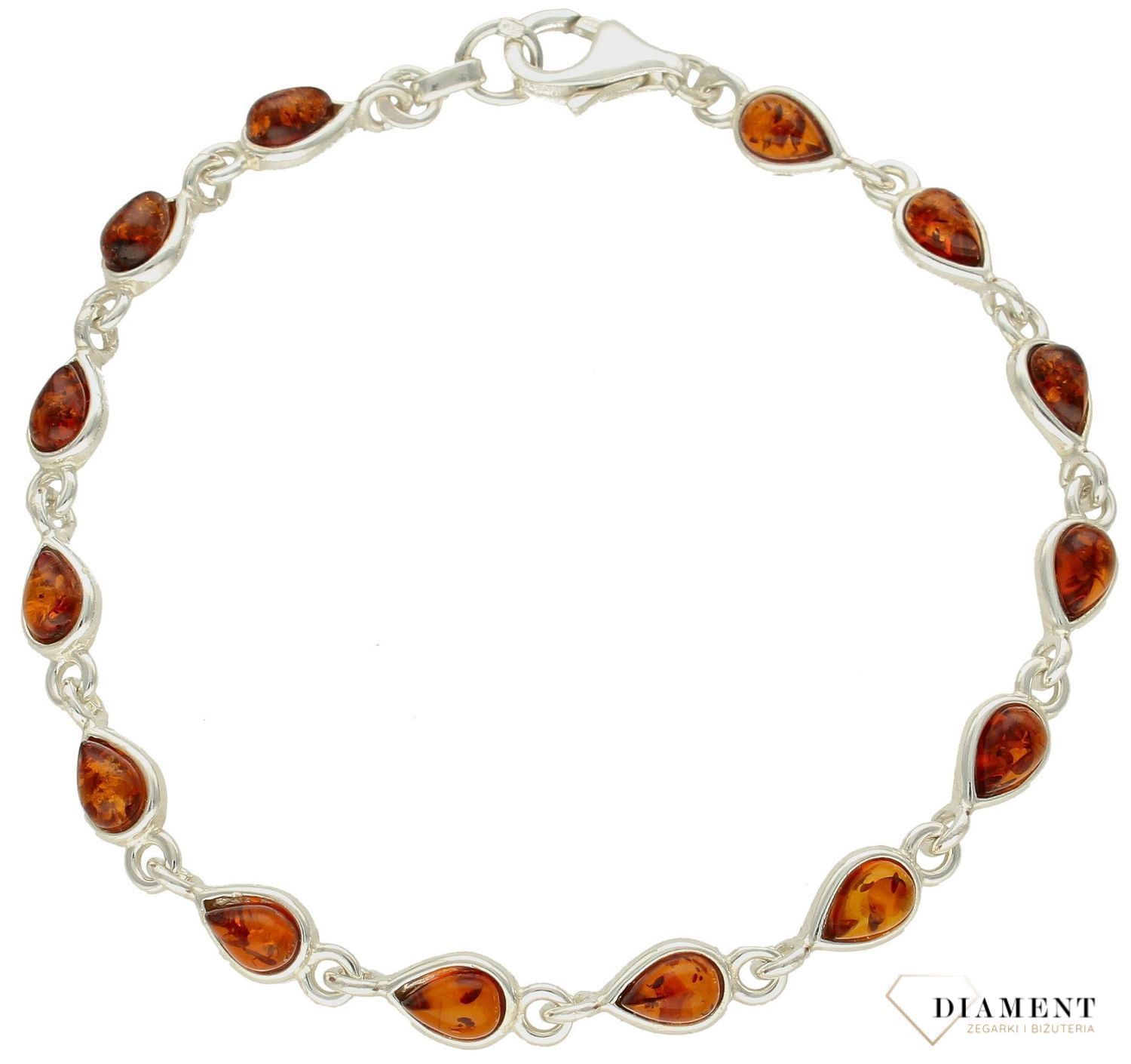Srebrna bransoletka damska łezki z koniakowym bursztynem bałtyckim DIA-BRA-9968-925. Srebrna bransoletka damska idealna na preze.jpg
