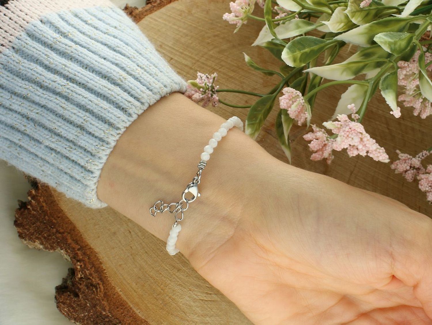 Bransoletka damska stalowa z kamieniem księżycowym – długość 17+2 cm księżycowy.jpg