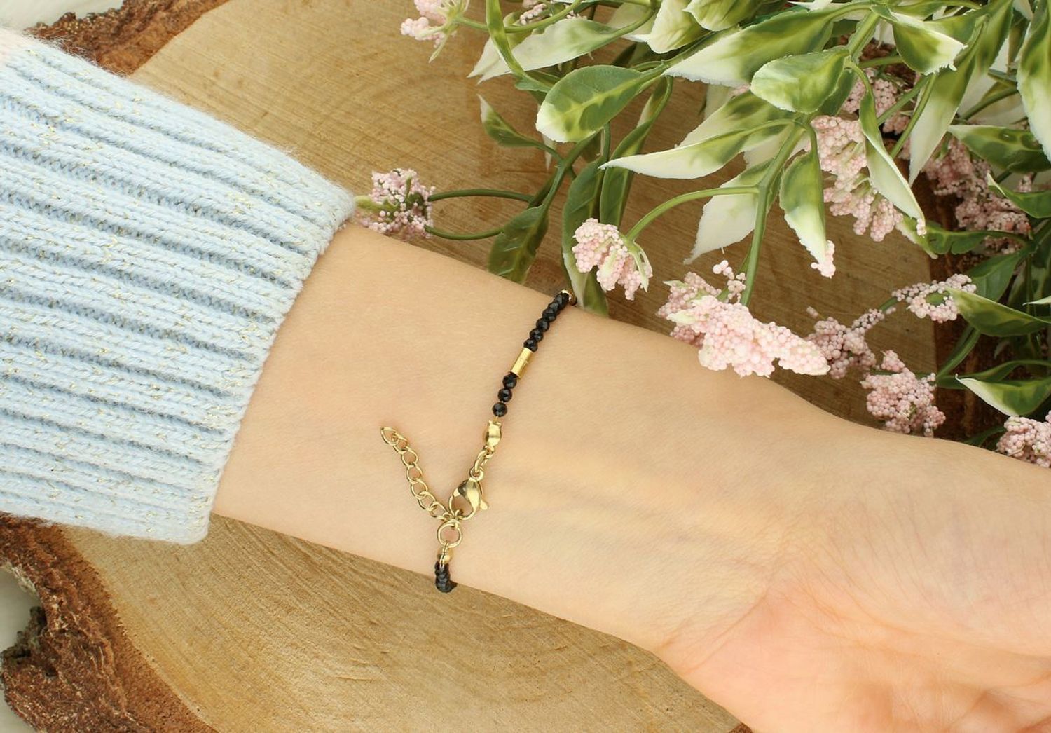 Pozłacana bransoletka damska z turmalinem – stal szlachetna, długość 16+3 cm. Elegancka, lekka i z naturalnymi kamieniami – idealna na prezent lub do codziennego noszenia.1.jpg