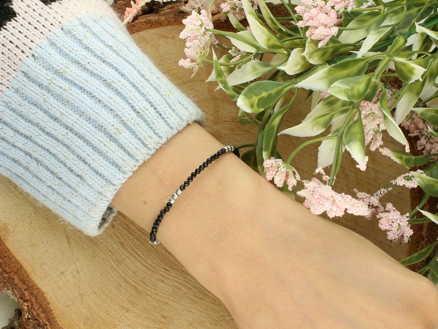 Bransoletka damska stalowa z naturalnym turmalinem – długość 15 cm + 4 cm, zapięcie na karabińczyk turmalin.jpg