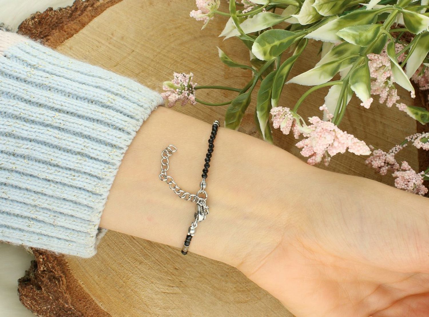 Bransoletka damska stalowa z naturalnym turmalinem – długość 15 cm + 4 cm, zapięcie na karabińczyk turmalin.jpg