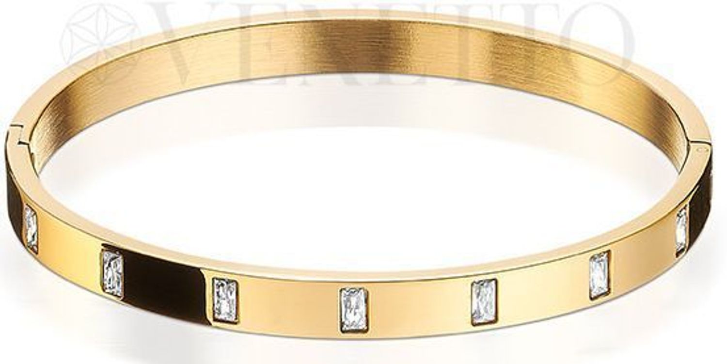 Bransoletka damska stalowa sztywna, zdobiona cyrkoniami. Klasyczna elegancja – szerokość 6 mm, obwód 17 cm, zapięcie na zatrzask.1.jpg