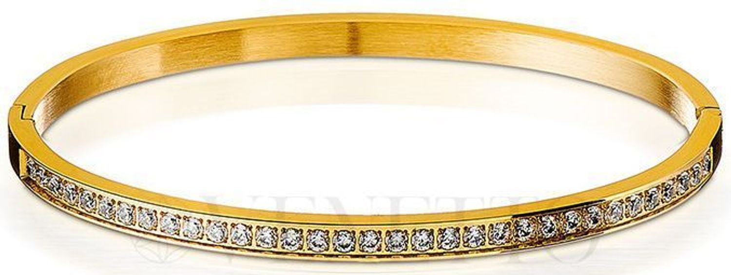 Sztywna bransoletka damska ze stali pozłacanej, zdobiona zakuwanymi cyrkoniami. Obwód 17 cm, szerokość 4 mm. Elegancka i trwała biżuteria na każdą okazję.1.jpg