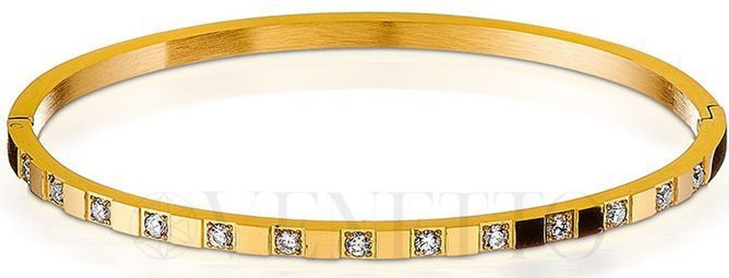 Stylowa bransoletka damska sztywna, stalowa pozłacana, zdobiona cyrkoniami. Obwód 17 cm, szerokość 3 mm. Idealna na co dzień i wyjątkowe okazje.1.jpg