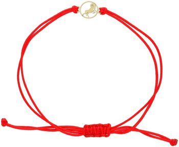 Subtelna bransoletka damska ze złota próby 585 na czerwonym sznurku z okrągłą zawieszką symbolem zodiaku Baran (8 mm). Ściągane zapięcie, regulowana długość, idealna na prezent lub osobisty 1.jpg